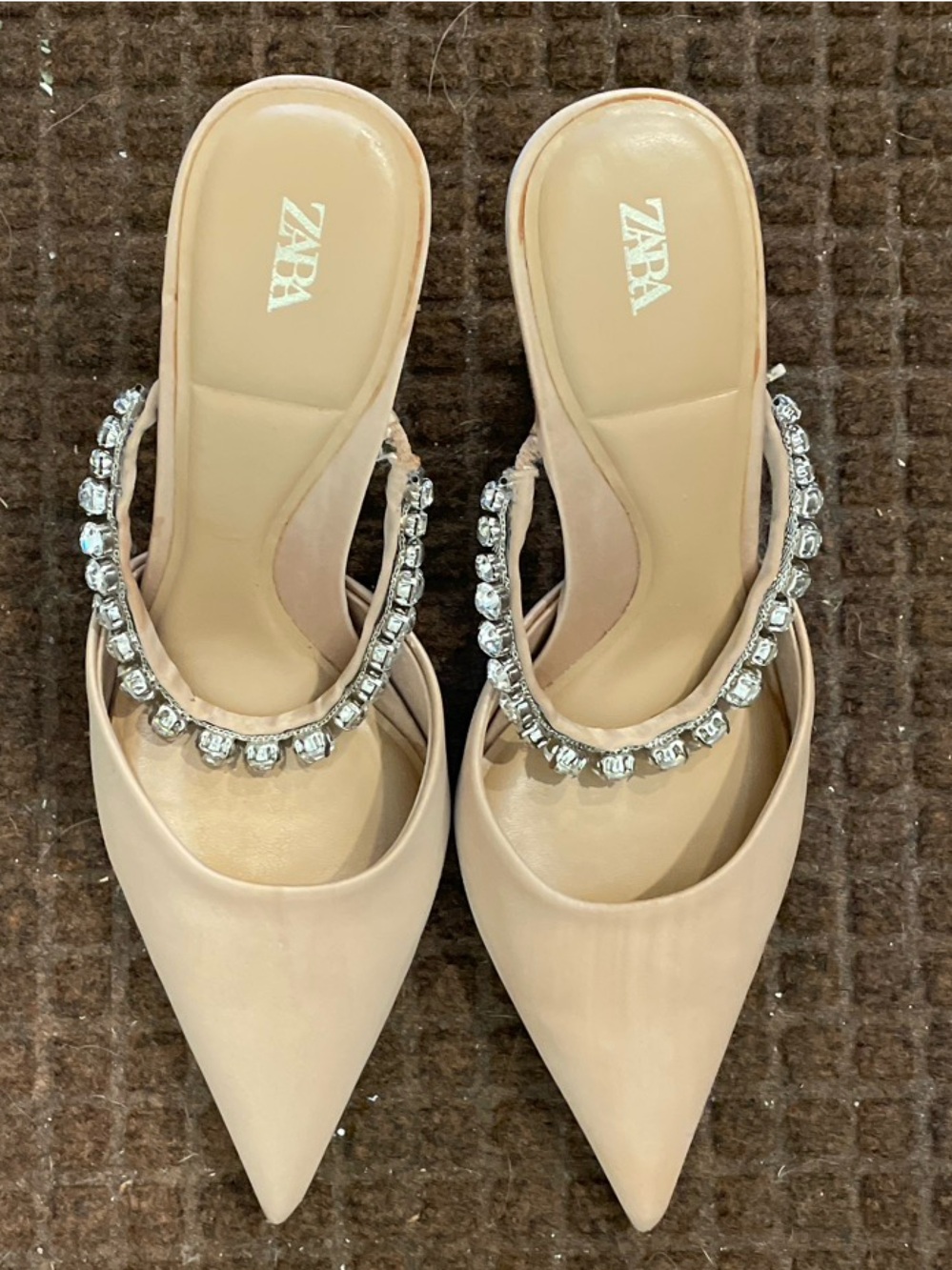 Zara Rhinestone-Strap Satin Nude Heeled Mule